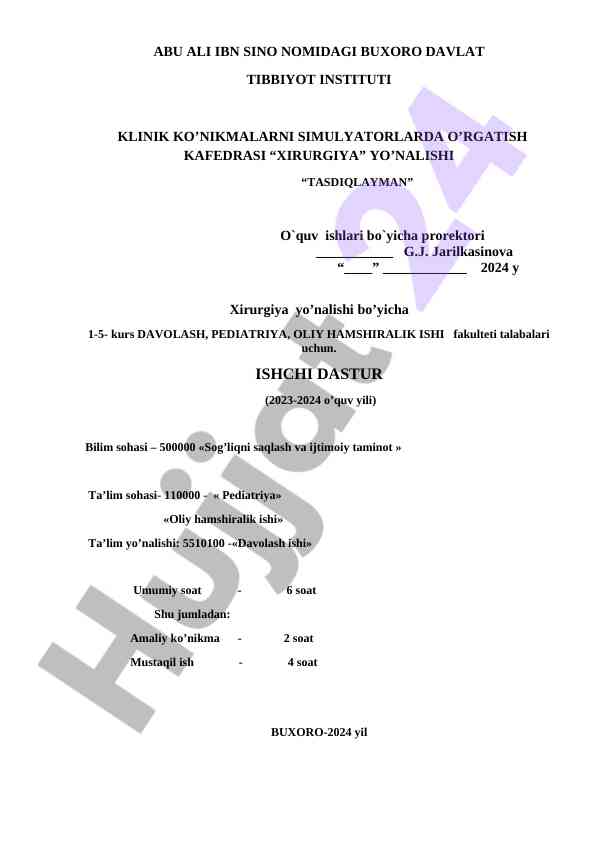 Xirurgiya yo’nalishi o’quv dasturi 2023-2024