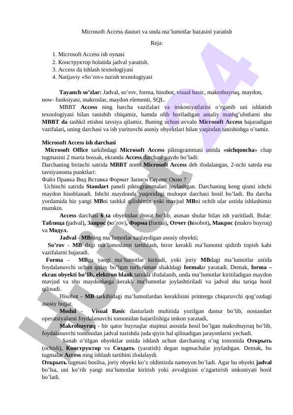 Microsoft access dasturi va ma’lumotlar bazasi