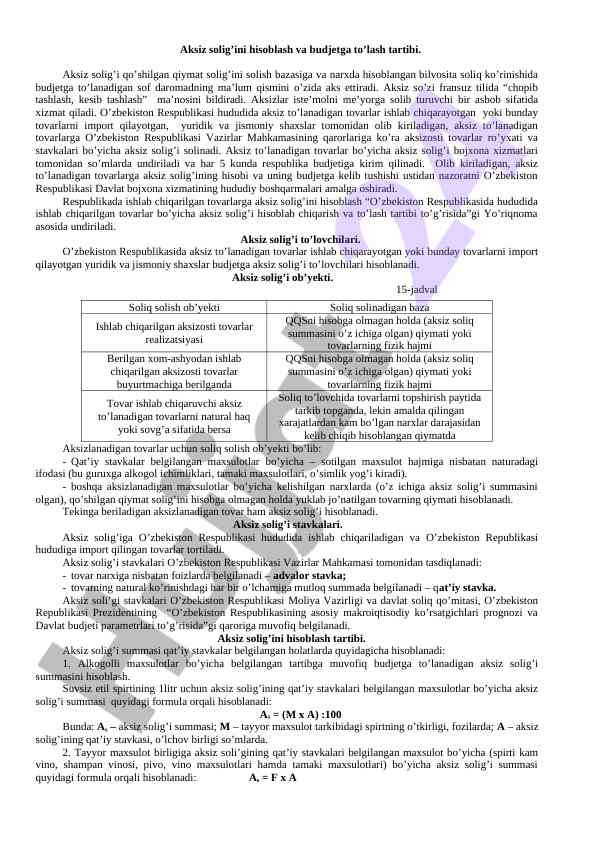 Aksiz solig'ini hisoblash va budjetga to'lash tartibi