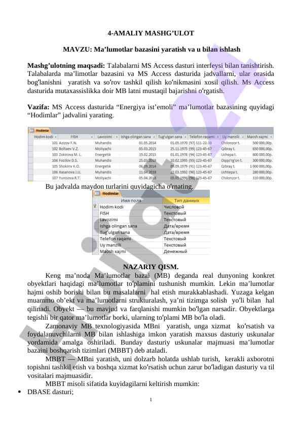 Ma’lumotlar bazasi yaratish va ms access dasturi