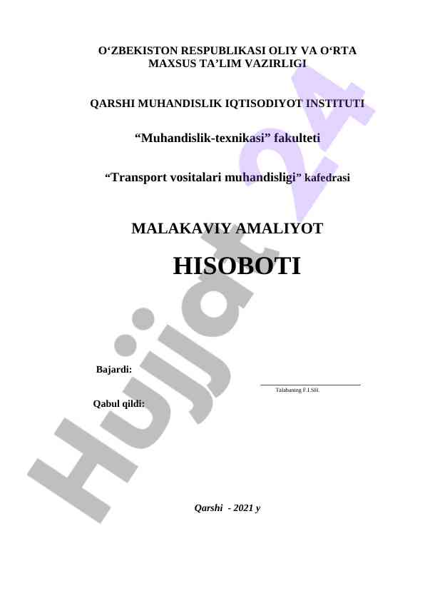 Transport vositalari muhandisligi malakaviy amaliyot