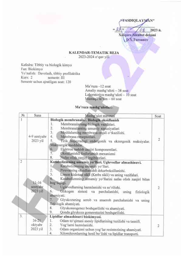 Biokimyo fanining tematik rejasi 2023-2024