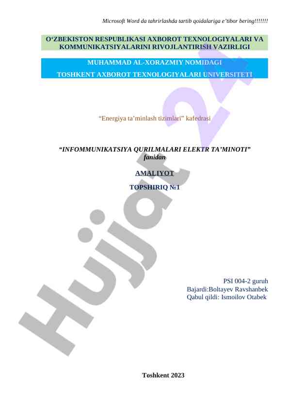 Amaliyot topshiriq psi 004-2 elektr ta’minoti