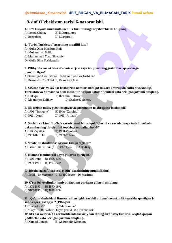 9-sinf o'zbekiston tarixi nazorat ishlari