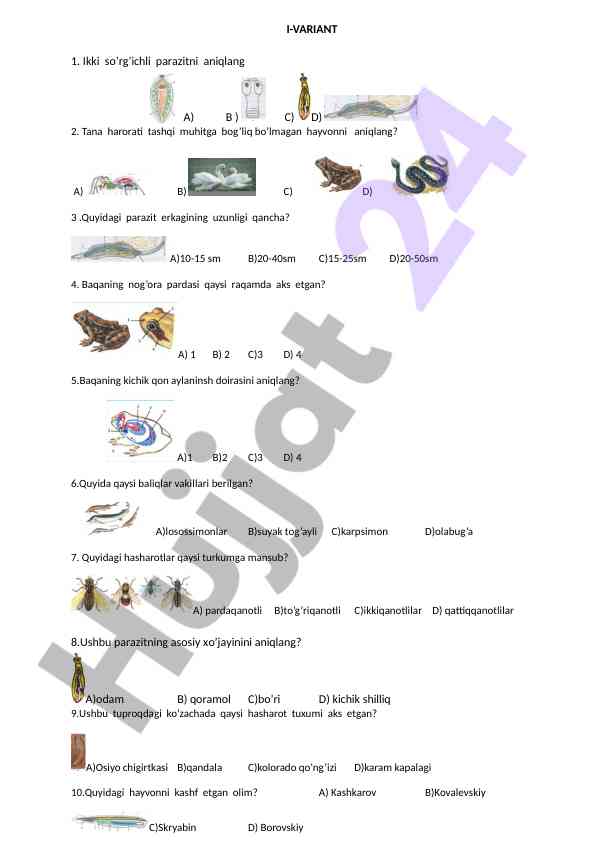 Hayvonlar va parazitlar tashhisi bo’yicha test
