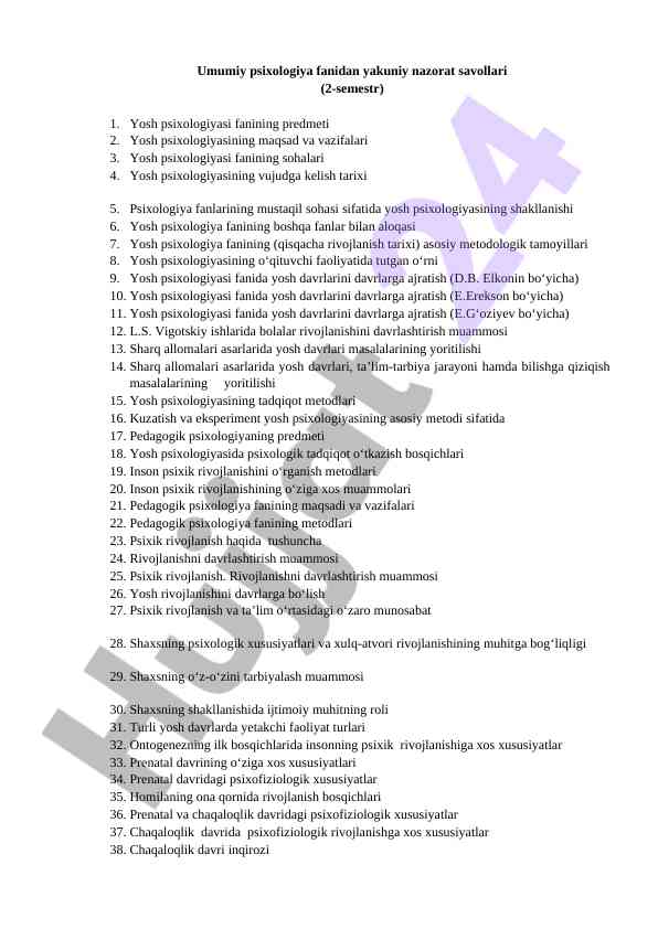 Yosh psixologiyasi fanidan yakuniy nazorat savollari