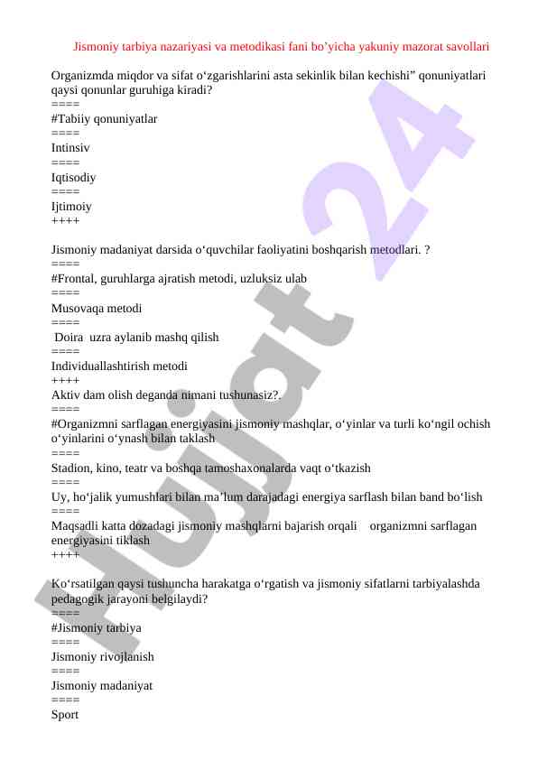 Jismoniy tarbiya nazariyasi va metodikasi savollari