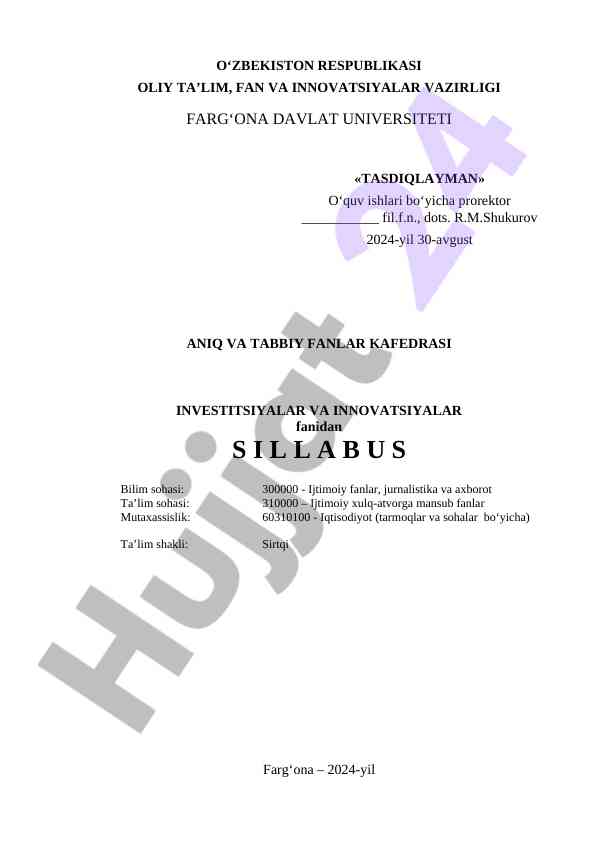 Investitsiyalar va innovatsiyalar fanidan sillabus