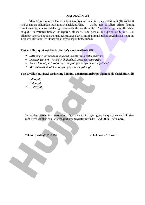 Fizioterapiya va reabilitatsiya test savollari