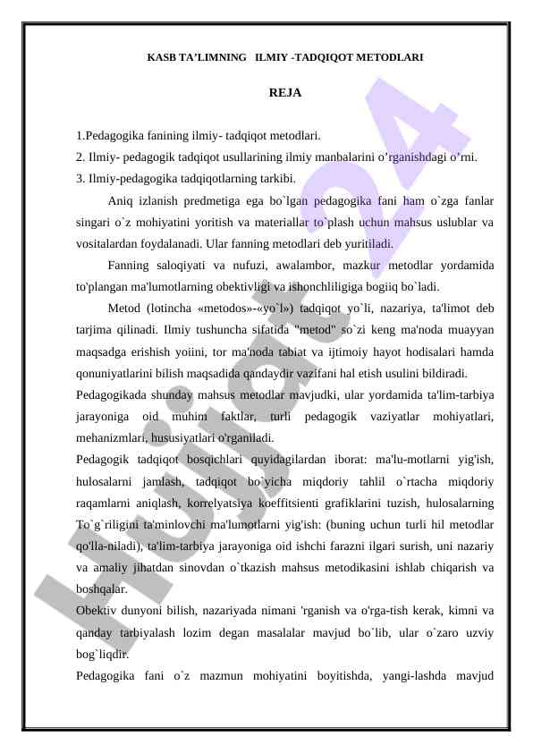 Kasb ta'limning ilmiy-tadqiqot metodlari
