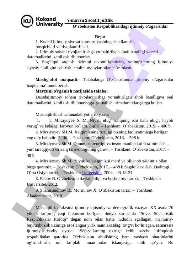 O‘zbekiston ijtimoiy o‘zgarishlari haqida ma’lumot