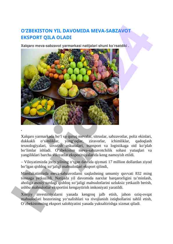 O‘zbekiston yil davomida meva-sabzavot eksporti