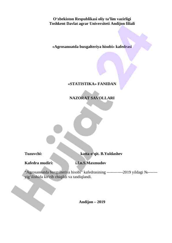 Statistika fanidan nazorat savollari andijon filiali