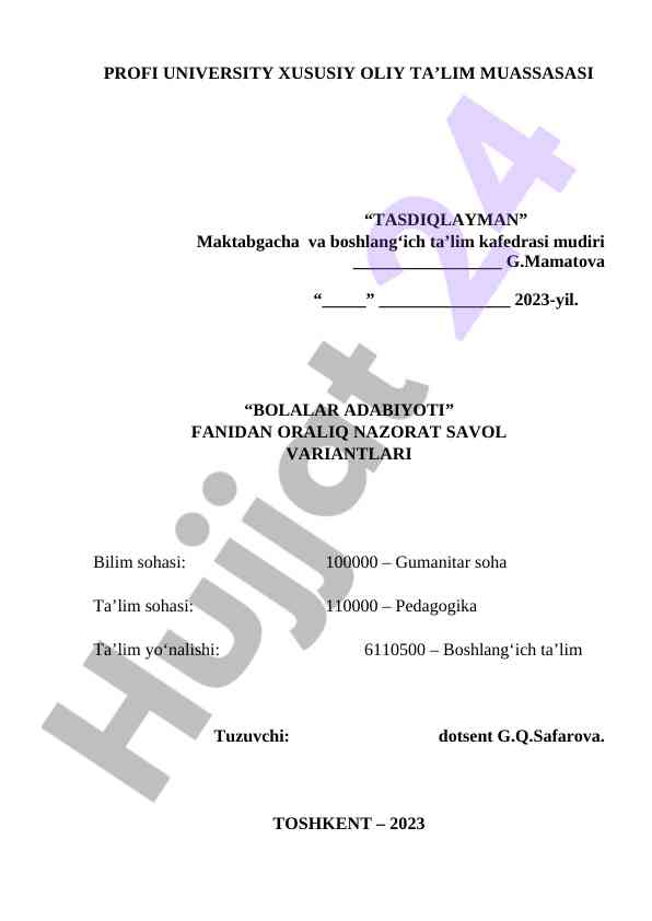 Bolalar adabiyoti fanidan nazorat savol variantlari