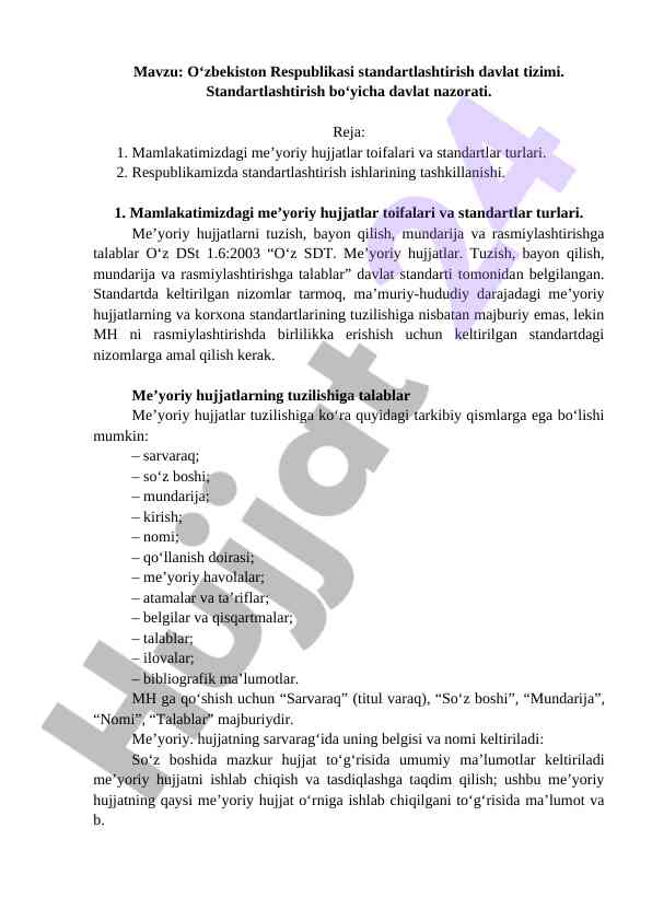 O‘zbekiston respublikasi standartlashtirish tizimi