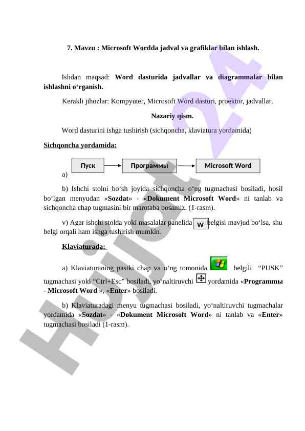 Microsoft wordda jadval va grafiklar bilan ishlash