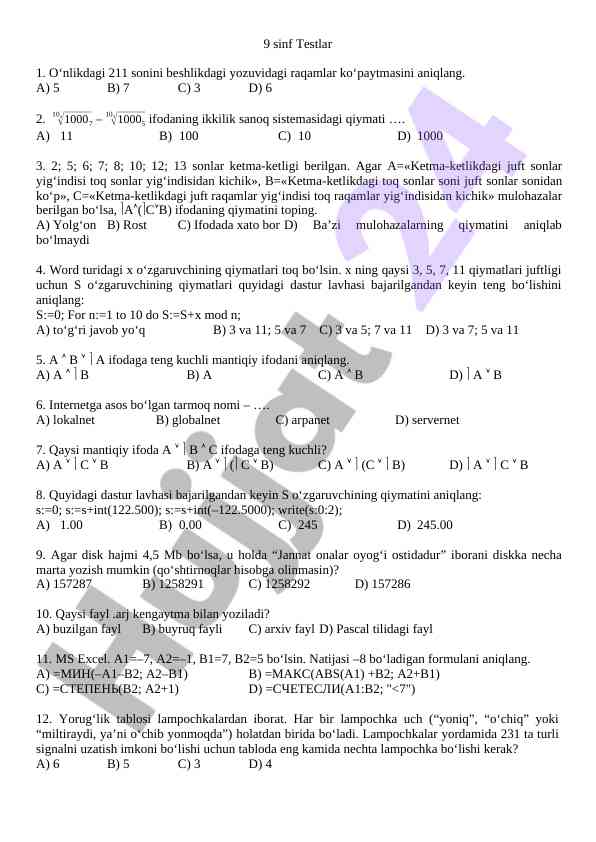 9 sinf testlari bo‘yicha matematika savollari