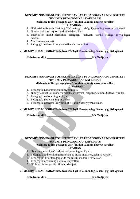 Uzluksiz ta'lim pedagogikasi nazorat savollari