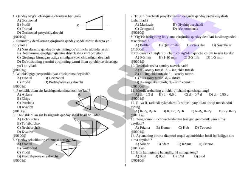 Tekisliklar va proyeksiya tushunchalari testi