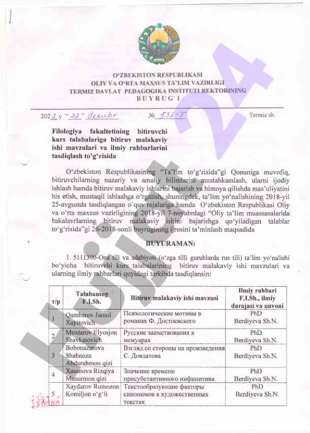 Bitiruvchi kurs talabalari mavzulari tasdiqlash