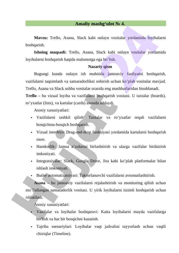 Onlayn vositalar bilan loyihalarni boshqarish