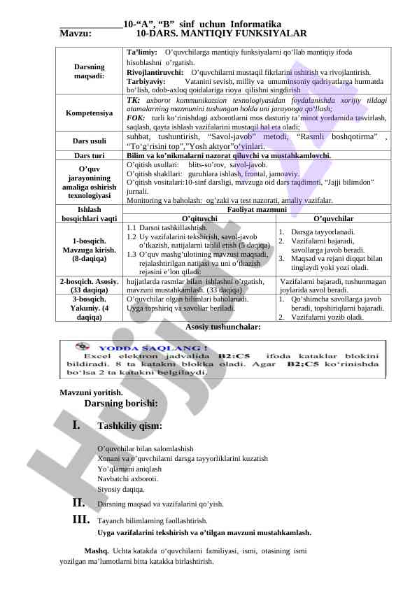 Informatika darsi: mantiqiy funktsiyalar prezentatsiyasi