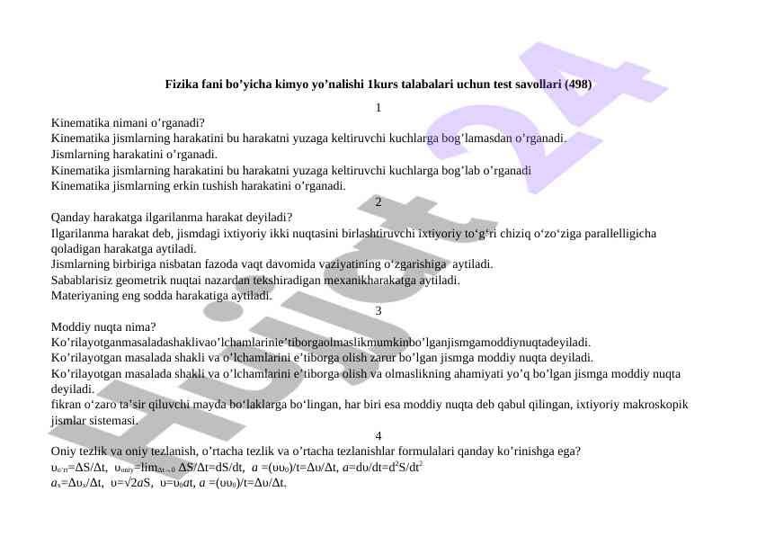 Kinematika bo'yicha test savollari 1-kurs talabalari uchun