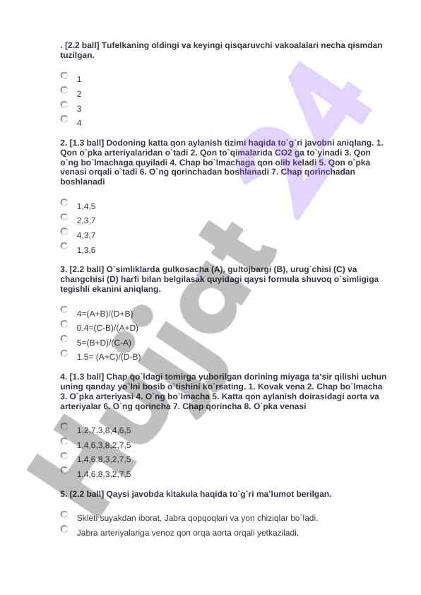 Qon aylanish tizimi va o'simlik formula savollari
