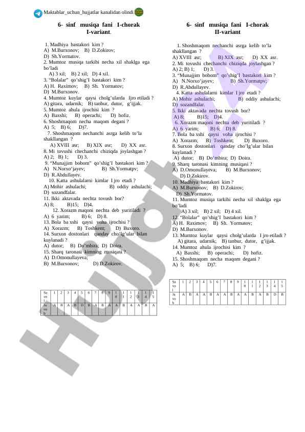 6-sinf musiqa fani test savollari