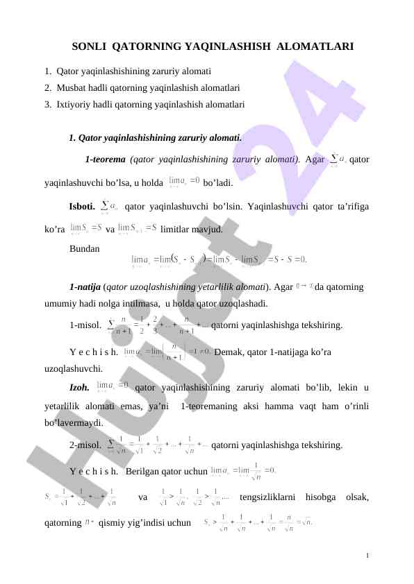 Qatorning yaqinlashish alo matlari tahlili