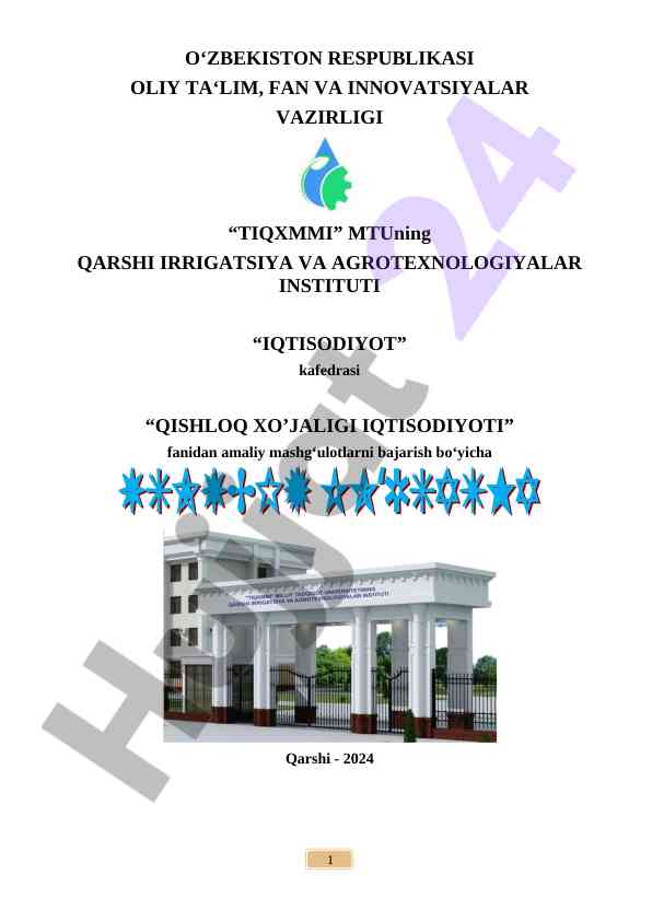 Qishloq xo‘jaligi iqtisodiyoti fanidan amaliy mashg‘ulotlar