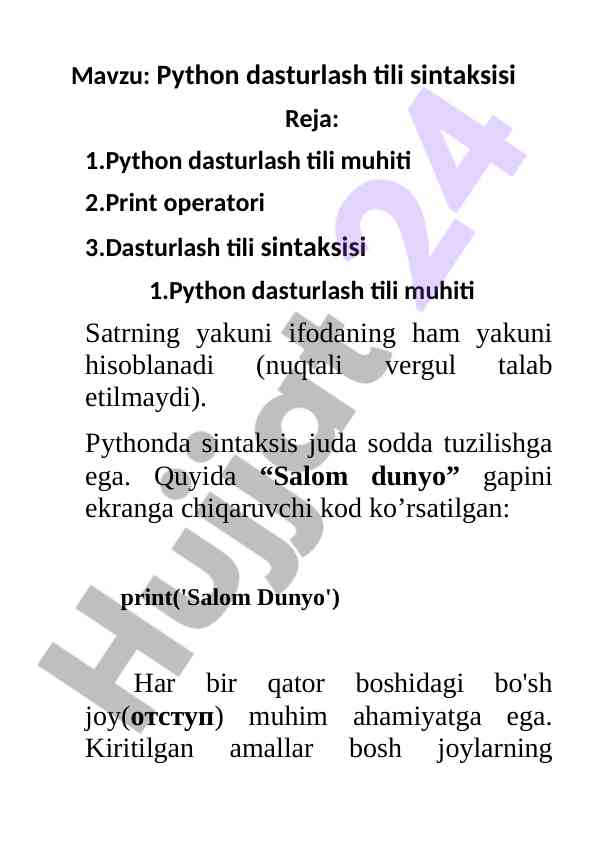 Python dasturlash tili sintaksisi va muhiti