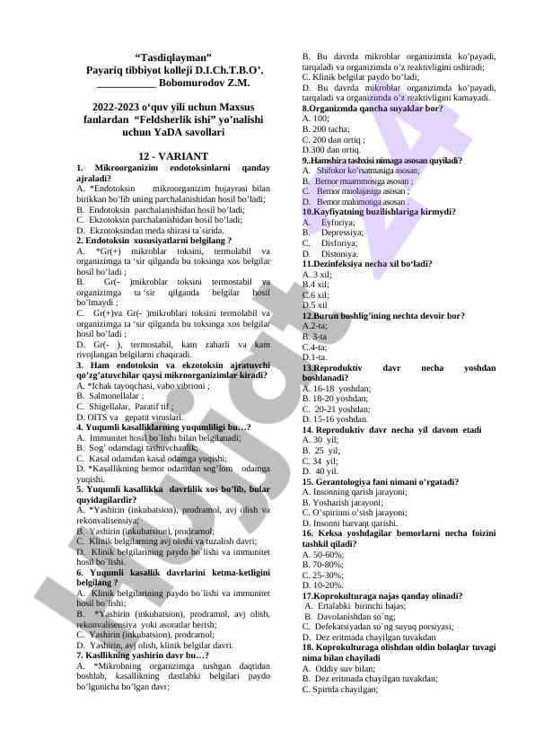 Feldsherlik ishi maxsus fan savollari 2022-2023