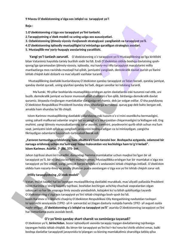 O‘zbekiston taraqqiyot modellarining o‘ziga xosligi