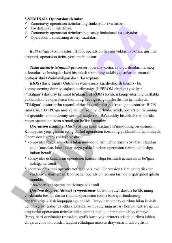 Zamonaviy operatsion tizimlar funksiyalari va turlari