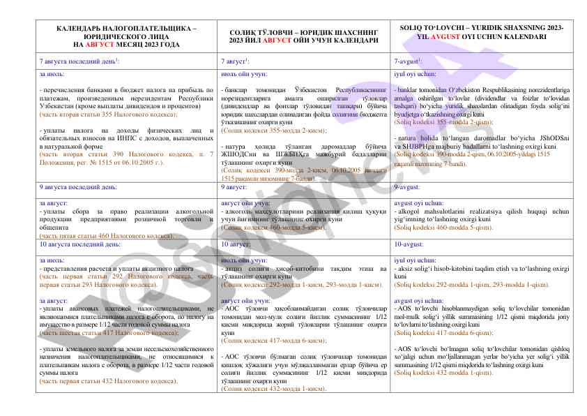 Kalendari soliq toʻlovchilar uchun avgust 2023
