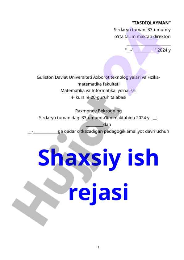 Pedagogik amaliyot davri uchun shaxsiy ish rejasi