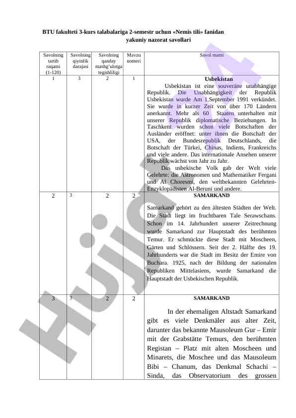Nemis tili fanidan yakuniy nazorat savollari