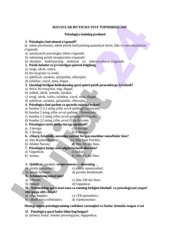 Psixologiya faniga doir test topshiriqlari