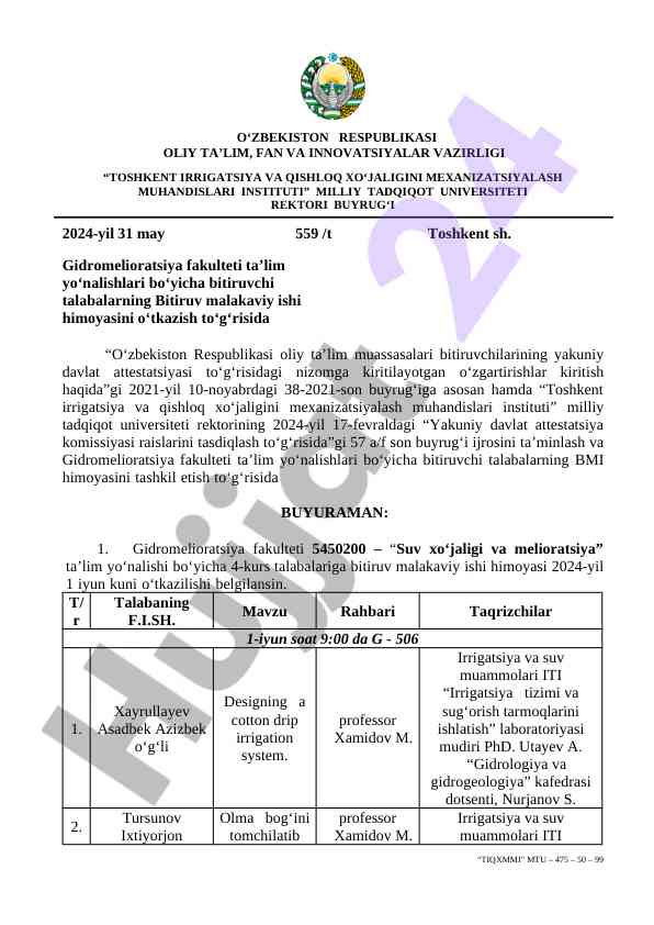 Talabalar bitiruv malakaviy ishining himoyasi tartibi