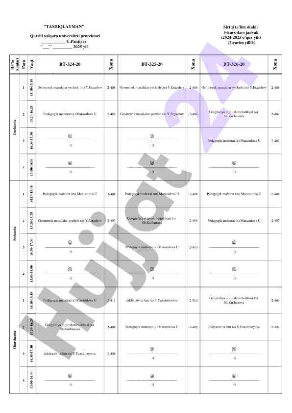 Sirtqi ta'lim shakli dars jadvali 2024-2025 yili