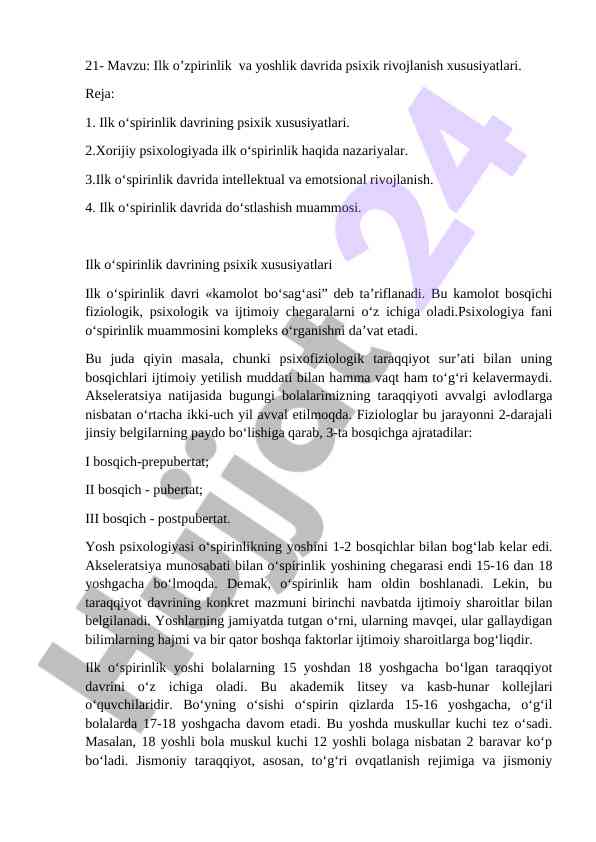 Ilk o'zpirinlik va yoshlik davrida psixik rivojlanish