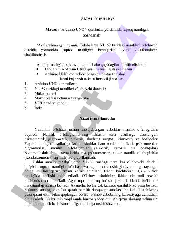 Arduino uno qurilmasi yordamida tuproq namligini boshqarish