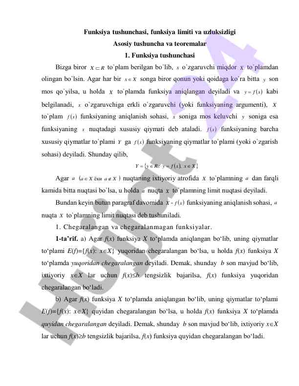 Funksiya tushunchasi va limiti asosiy tushunchalar