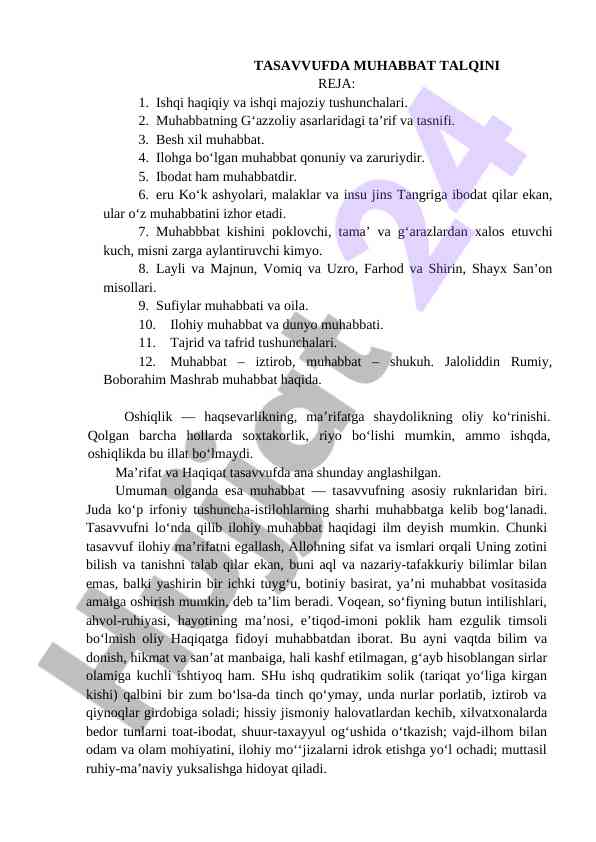 Tasavvufda muhabbat talqini va uning asosiy tushunchalari