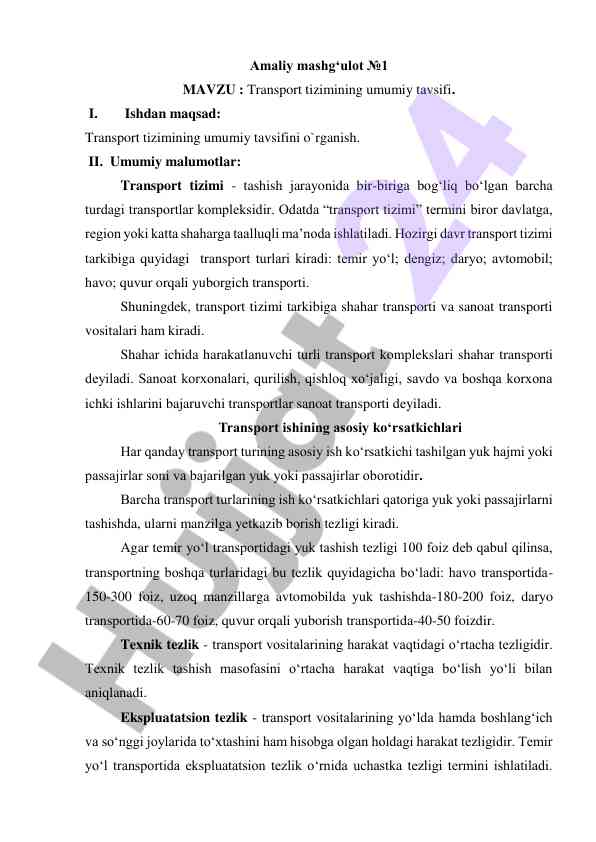 Transport tizimining umumiy tavsifi