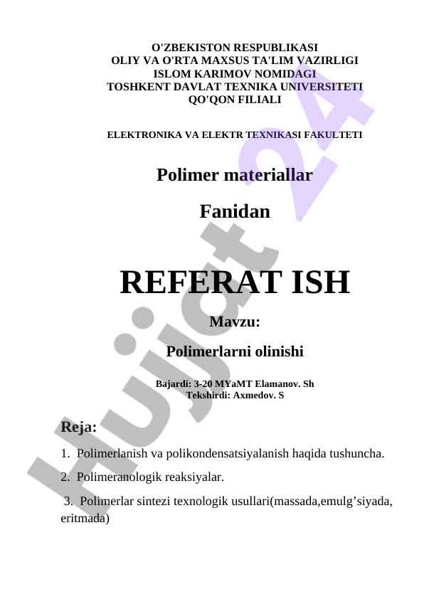 Polimer materiallar fanidan referat ish