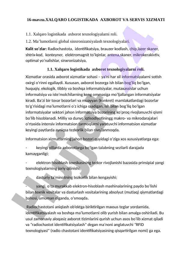 Xalqaro logistikada axborot va servis xizmati
