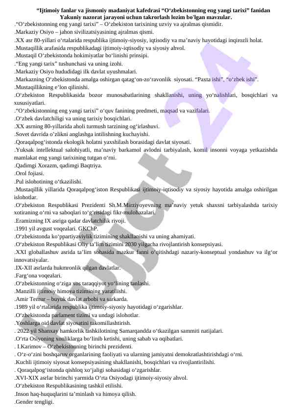 O‘zbekistonning eng yangi tarixi fanidan yakuniy nazorat