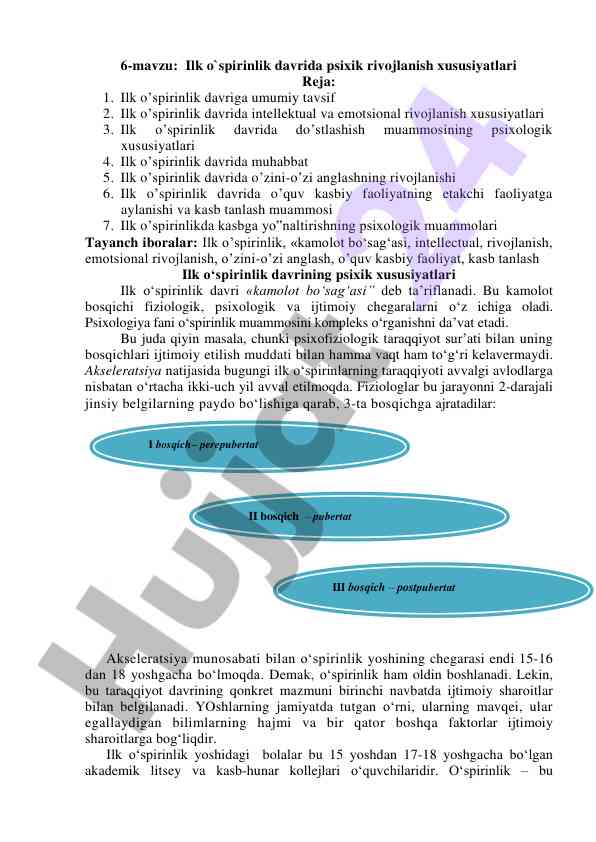 Ilk o‘spirinlik davrida psixik rivojlanish xususiyatlari